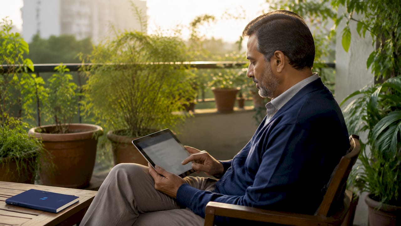 Hands scrolling tablet with accounting software
