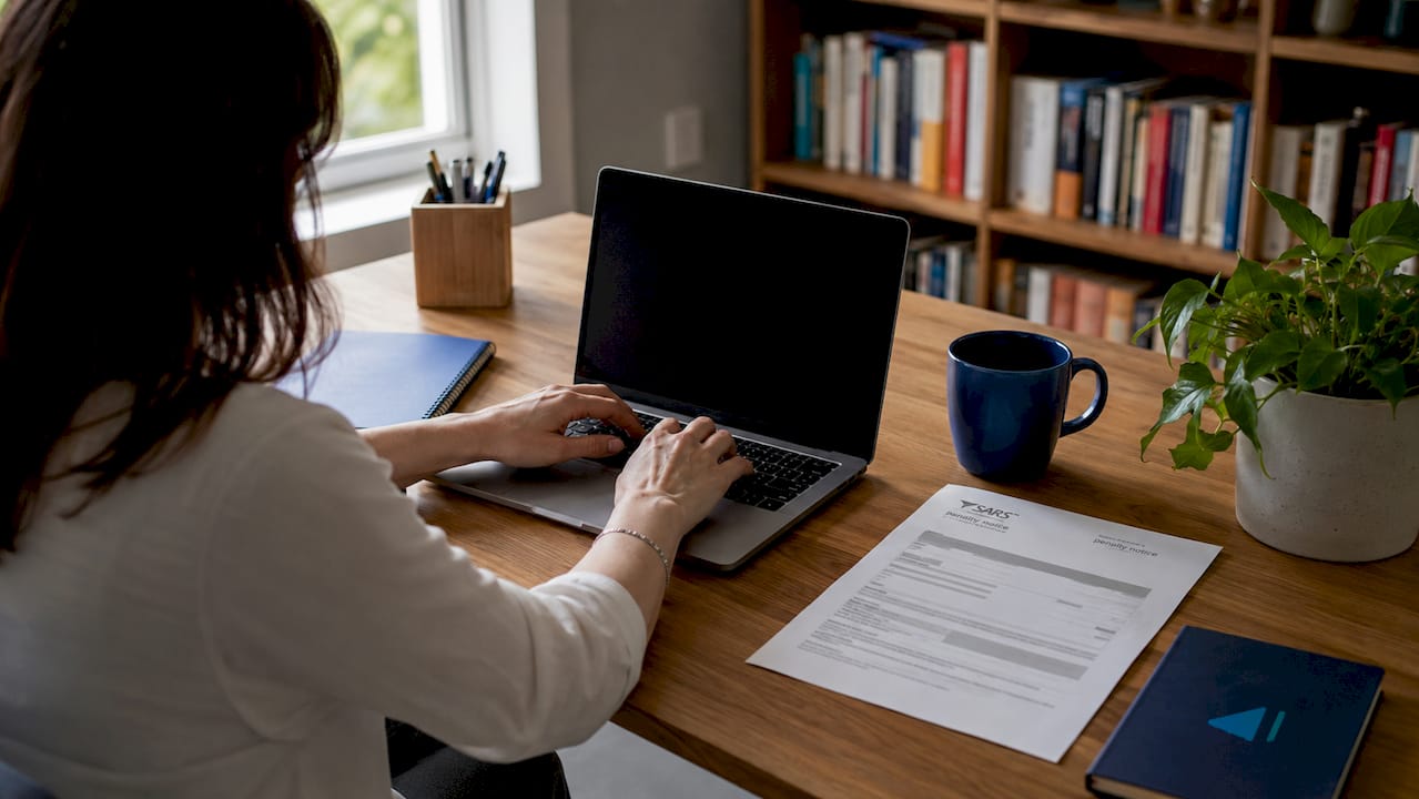 Hands typing on laptop next to SARS penalty notice