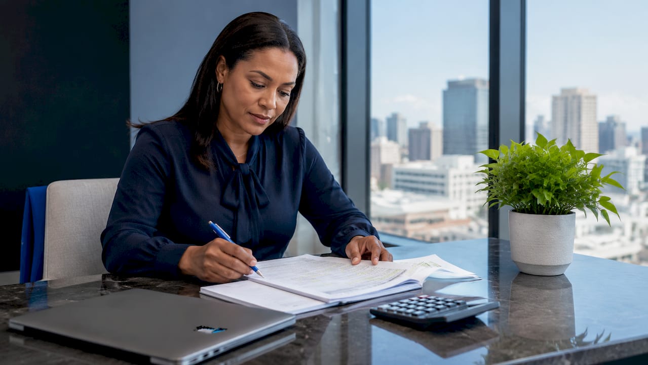 Accountant reviewing financial documents at home desk