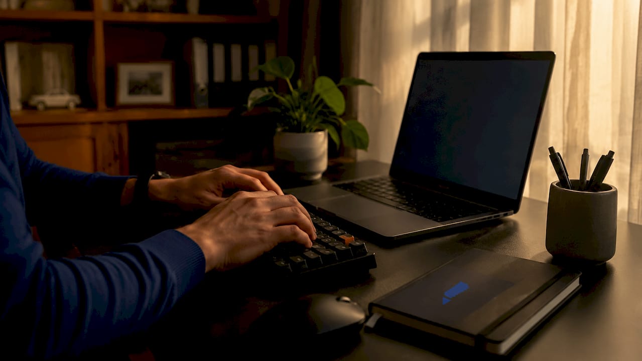 Hands typing data migration steps