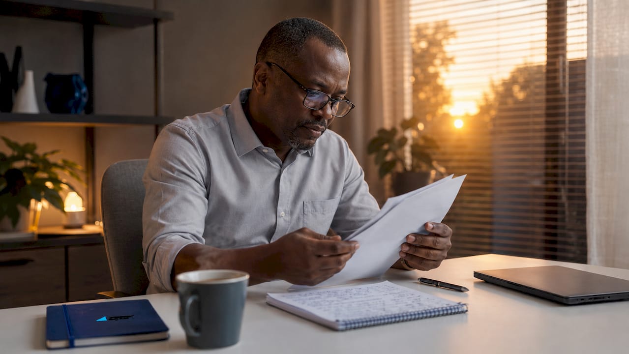 Man reviewing company registration documents at desk