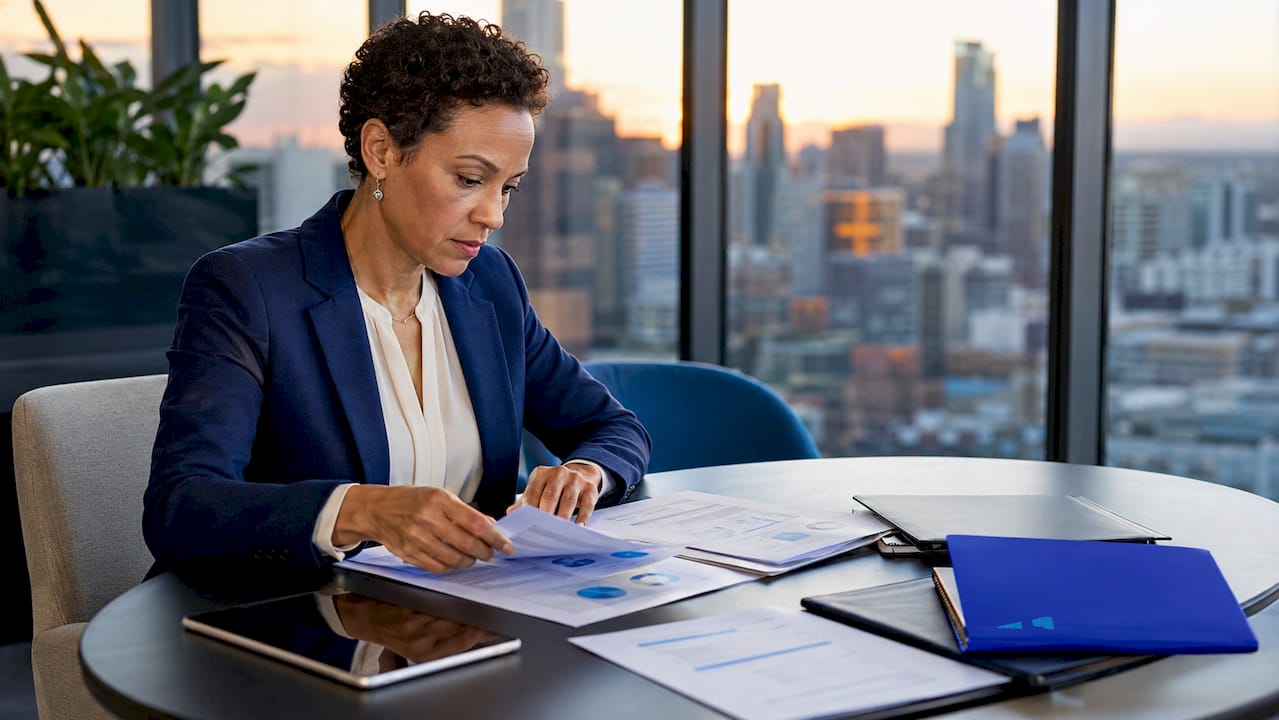 Woman reviewing CSR strategy documents in office