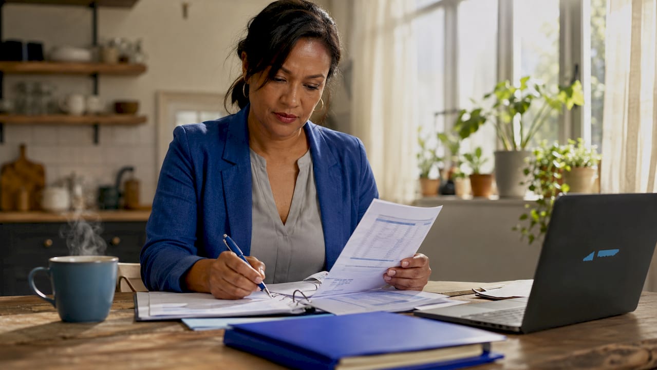 Business owner studying balance sheet documents
