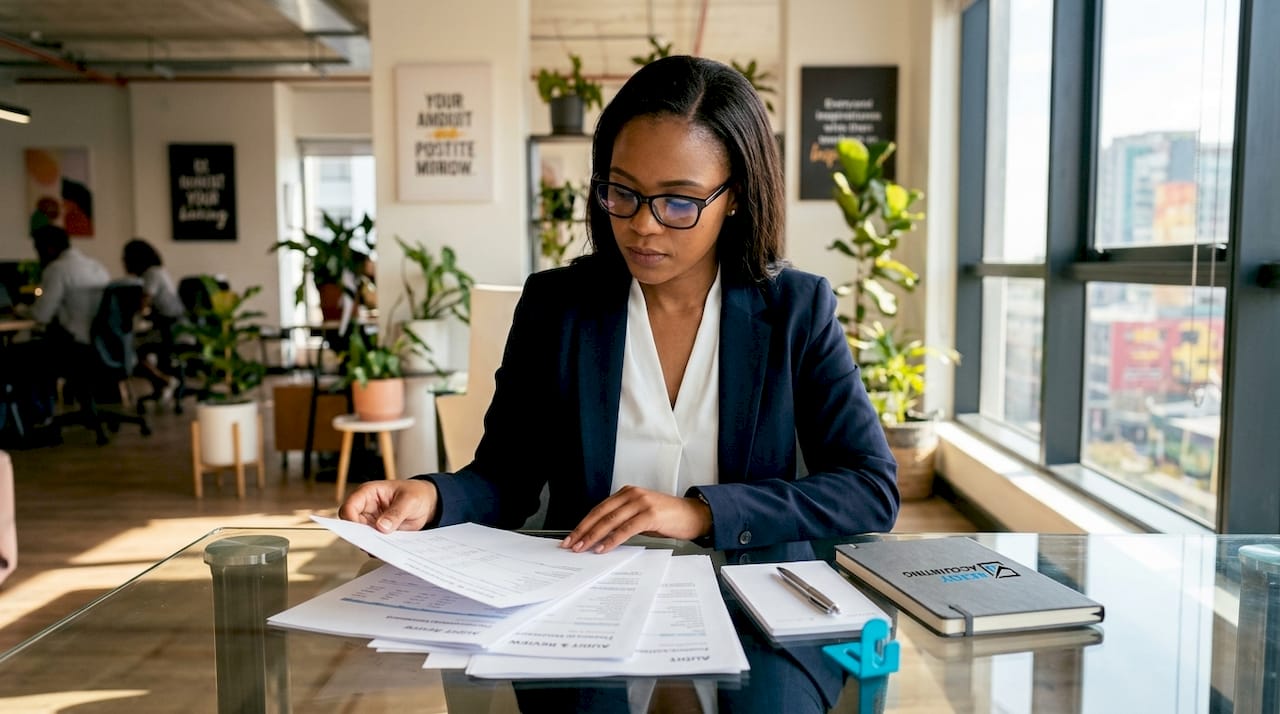 Businesswoman reviewing audit documents at desk