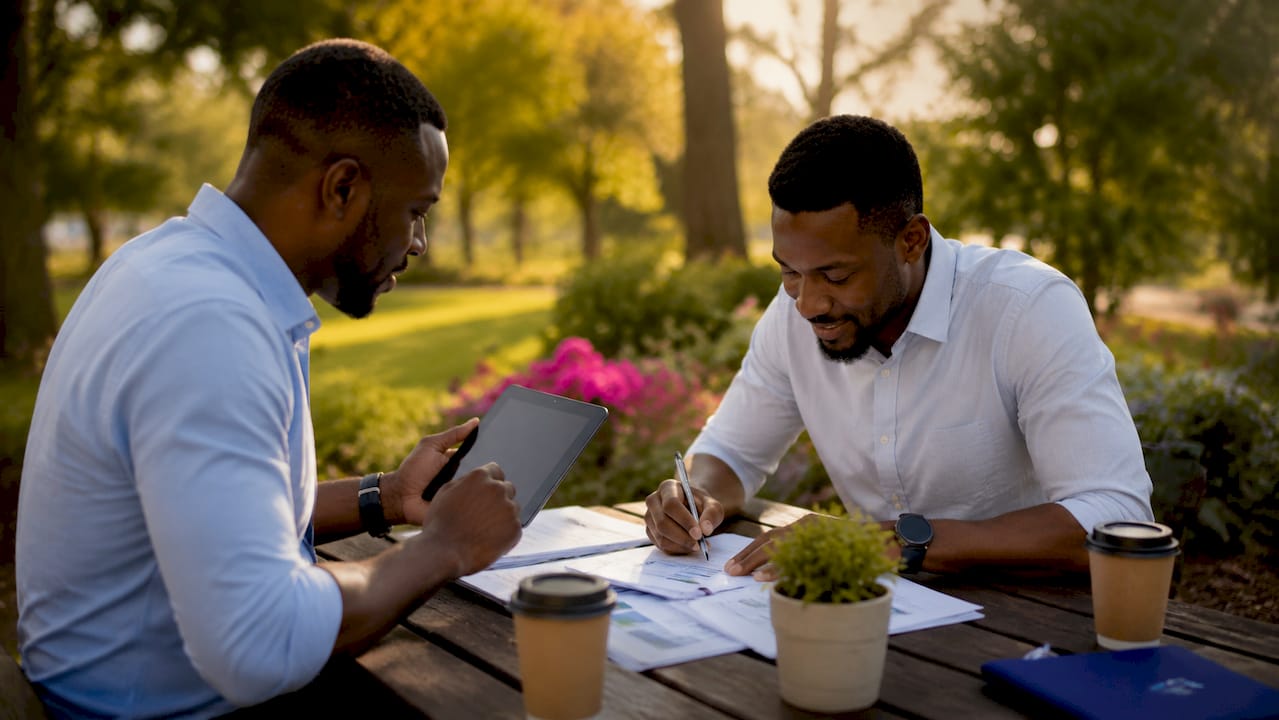 Two men collaborating on digital transformation steps outdoors