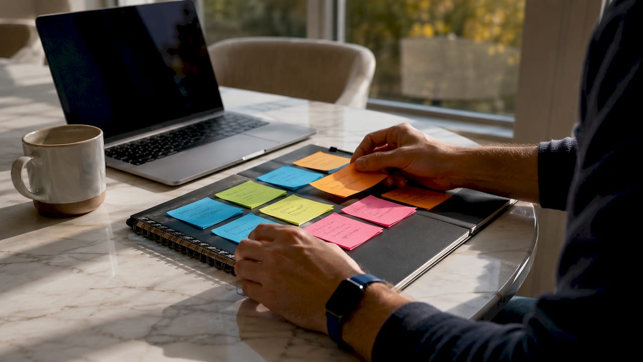 Hands planning marketing channels on desk at home office
