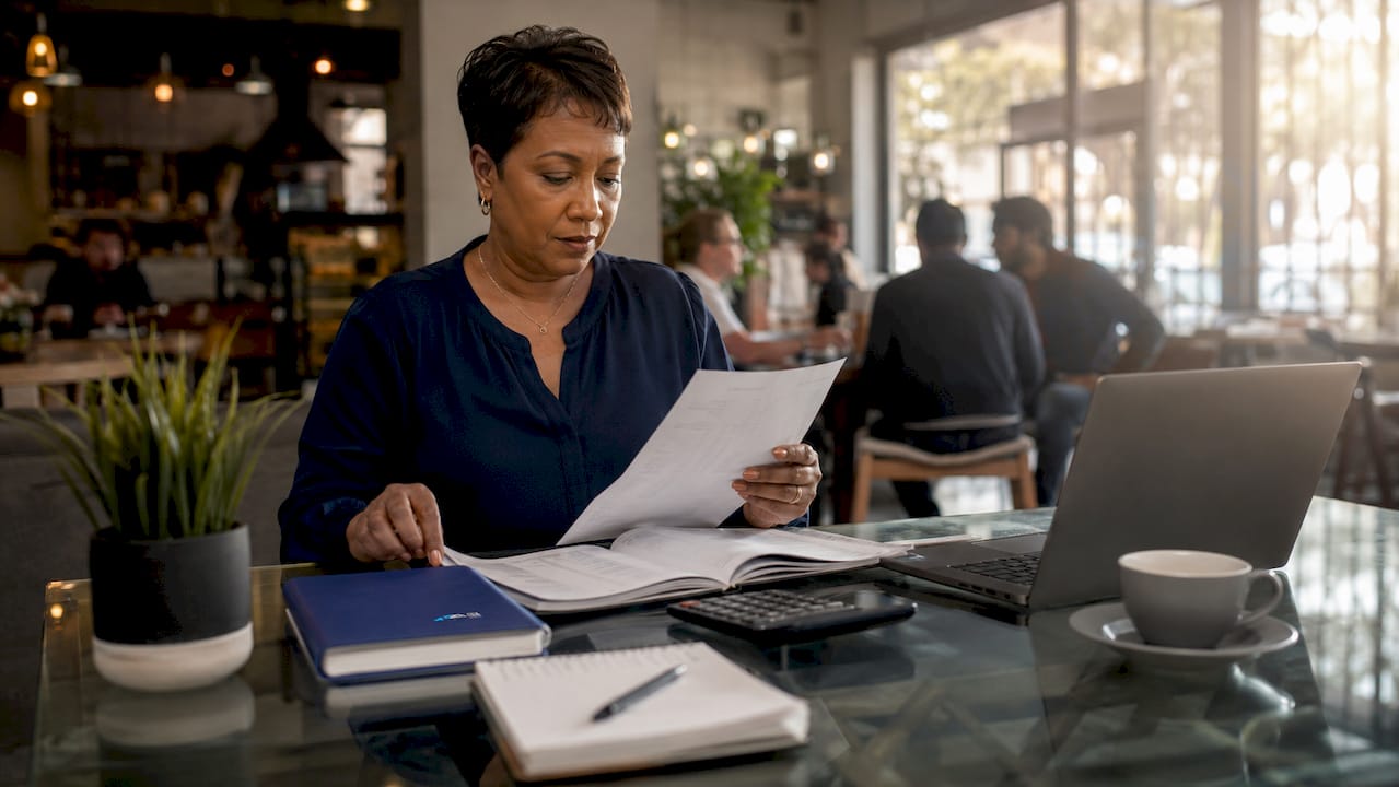South African SME owner reviewing supplier invoice at desk