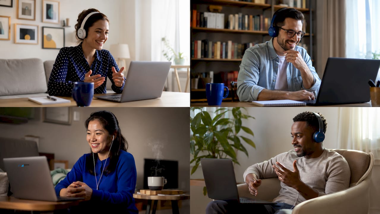 Remote team video conferencing from home offices