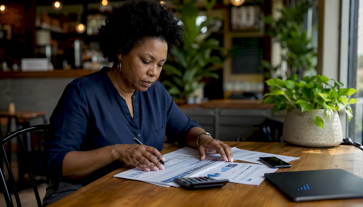 SME owner reviewing finance documents in office
