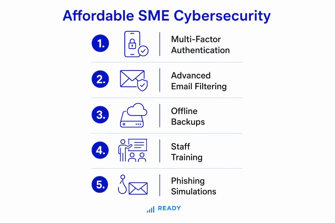 Infographic illustrating affordable cybersecurity steps for SMEs in South Africa