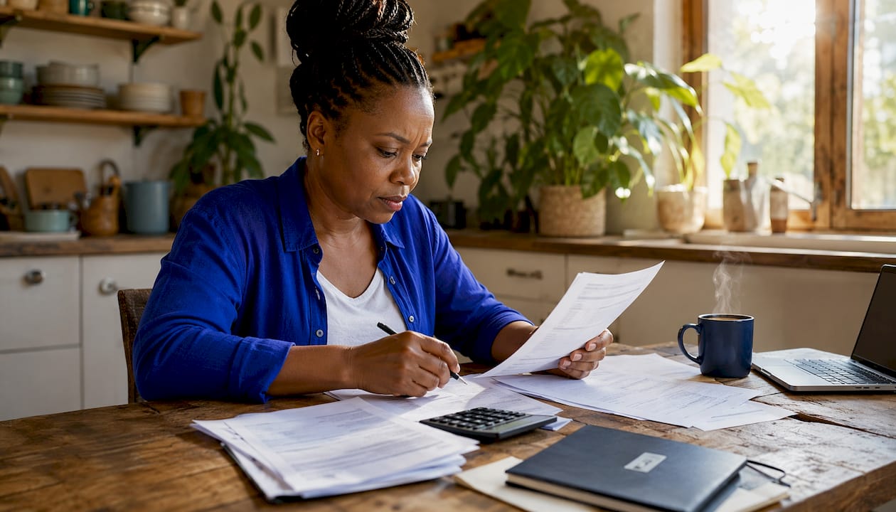 SME owner reviewing invoices in home office