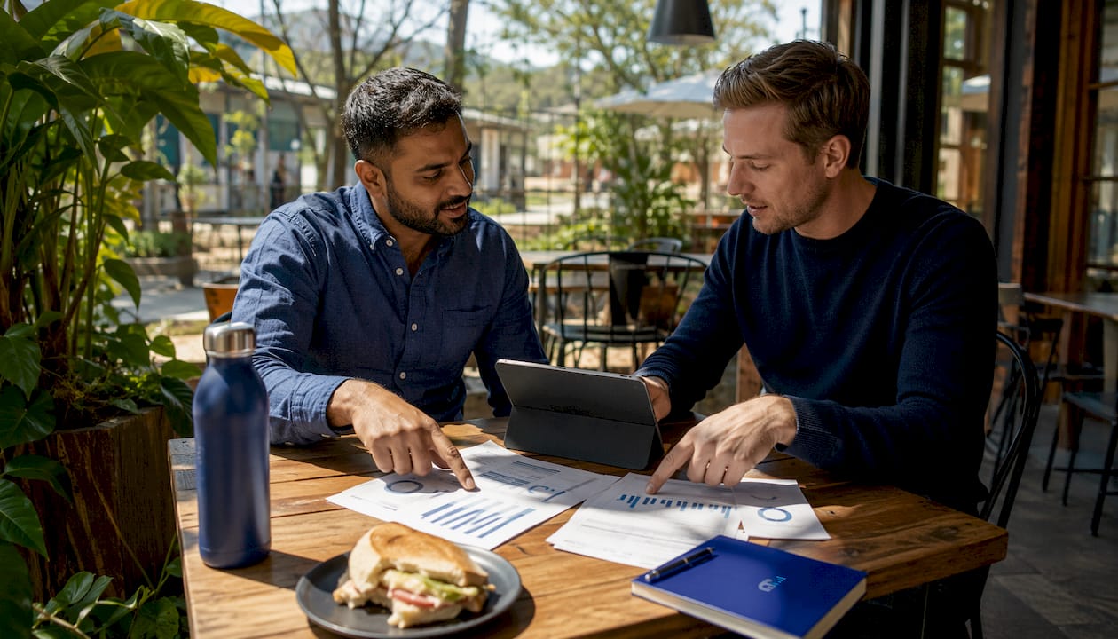 Two SME owners discussing accounting technology