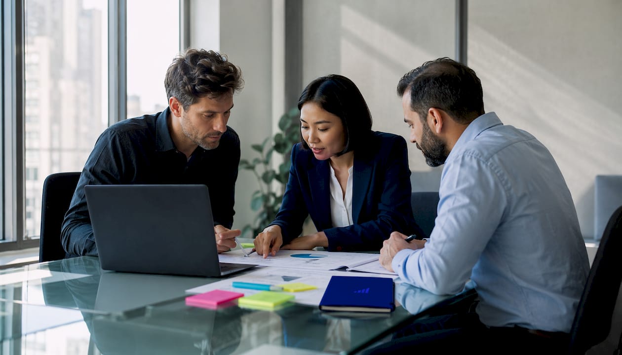 Business team planning audit documents