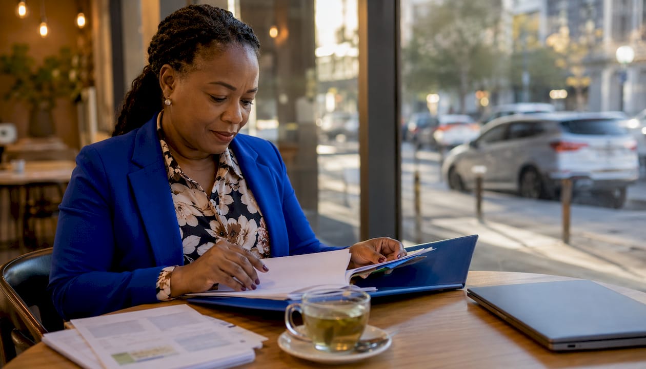 Professional woman organizing audit documents