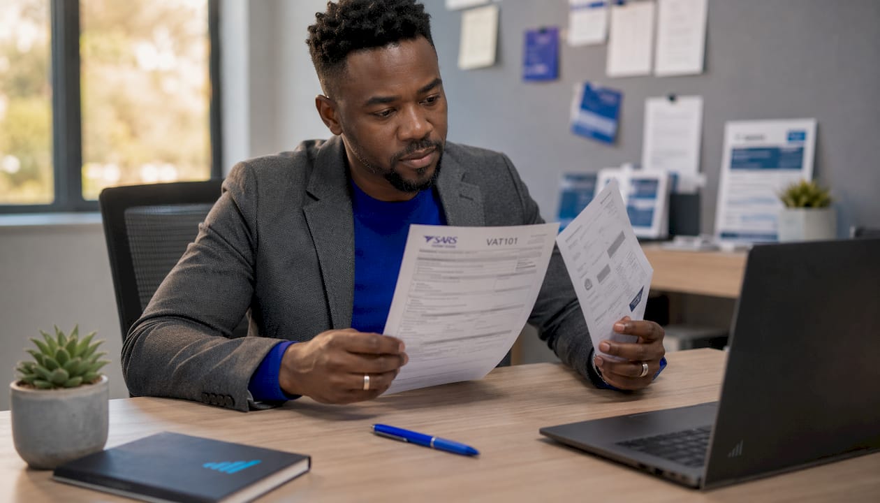 Close-up hands reviewing VAT registration documents
