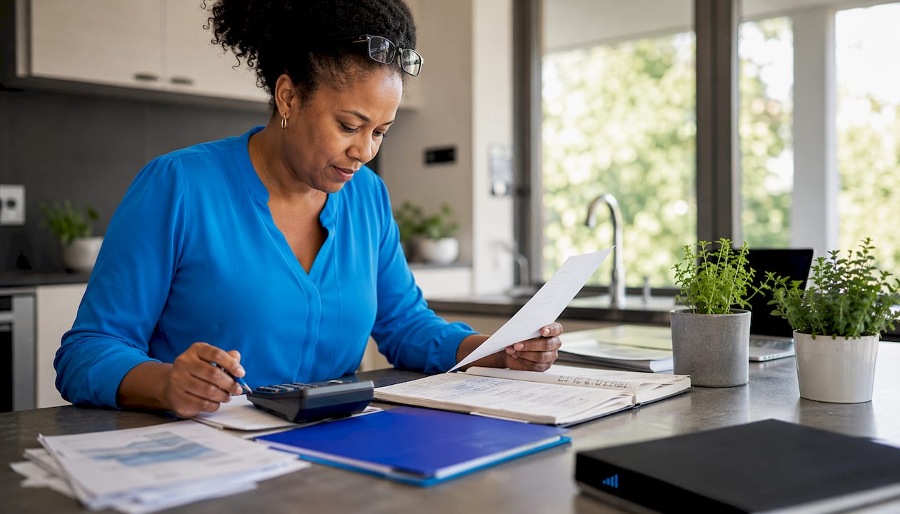 Business owner reviewing ledger paperwork