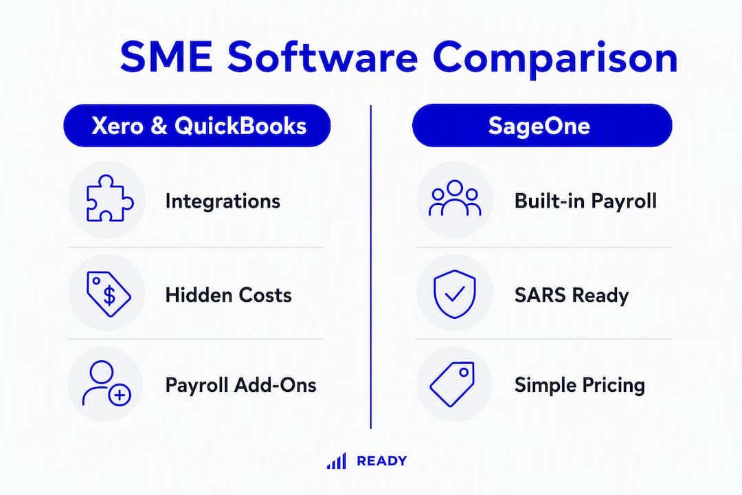 Infographic comparing Xero, QuickBooks Online, and SageOne features