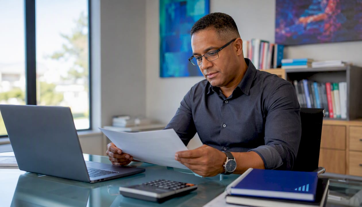 Accountant reviewing software certification documents