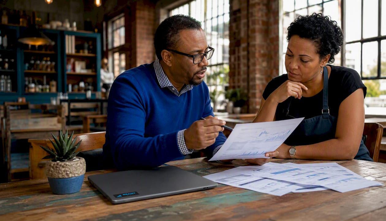 Business owner consulting accountant at small firm