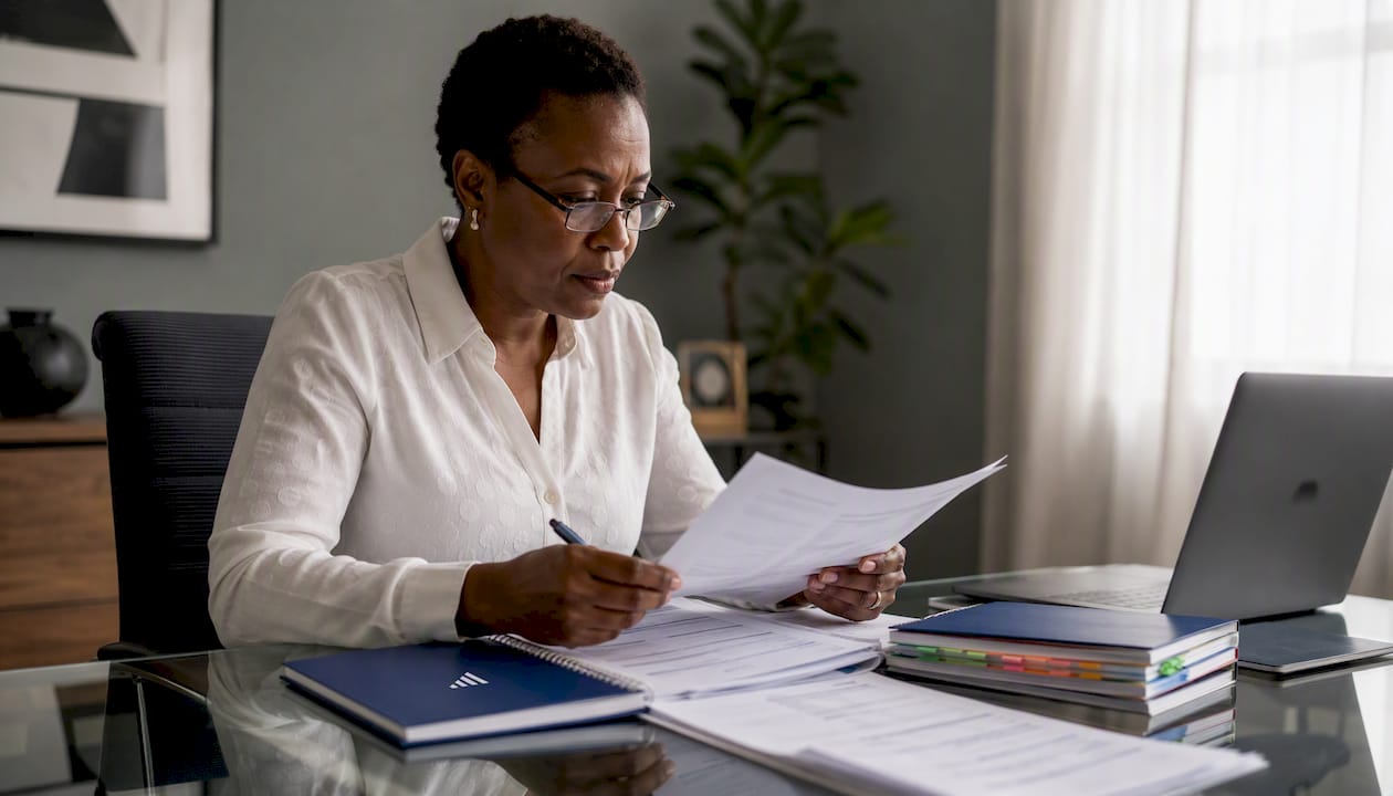 Accountant reviewing financial documents at desk