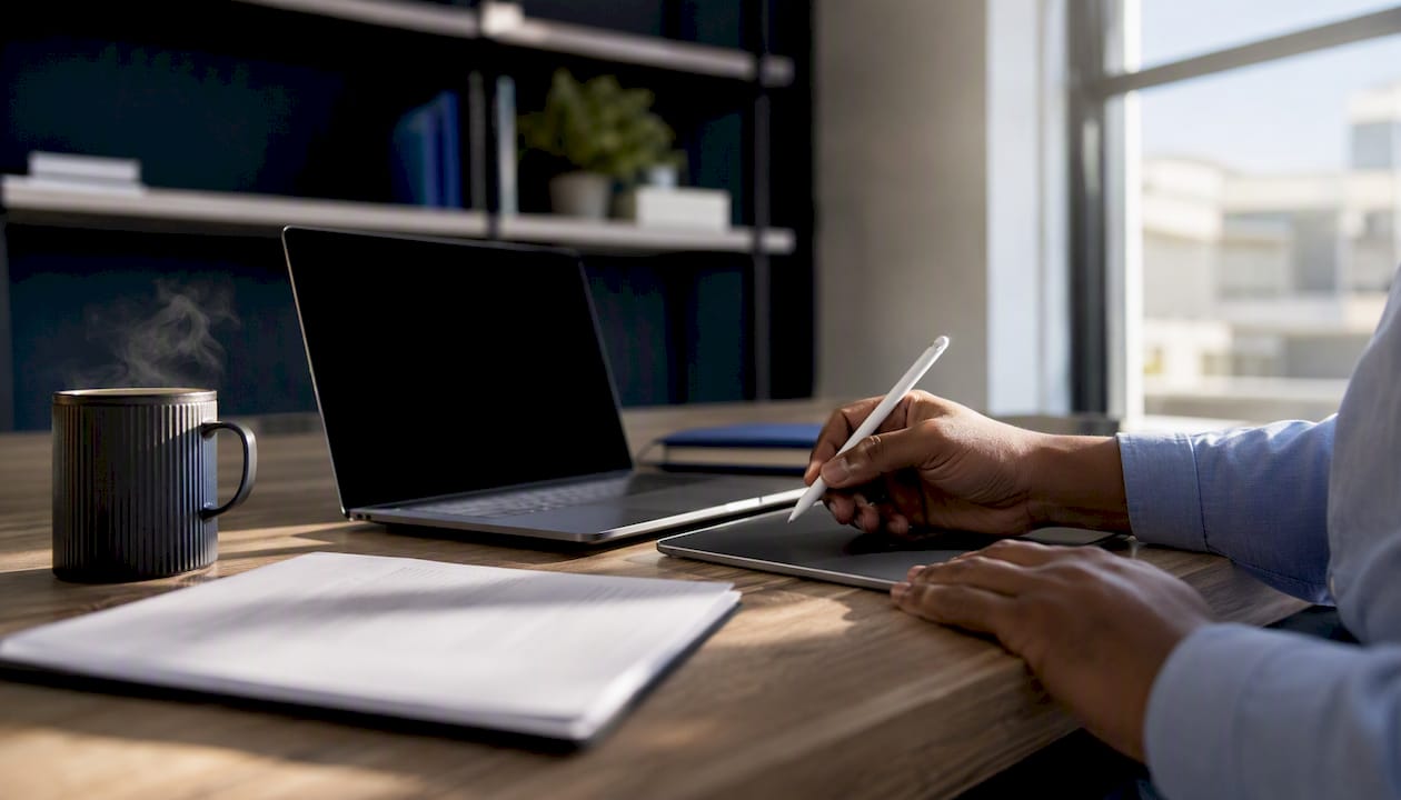 Office workspace with tablet and coffee