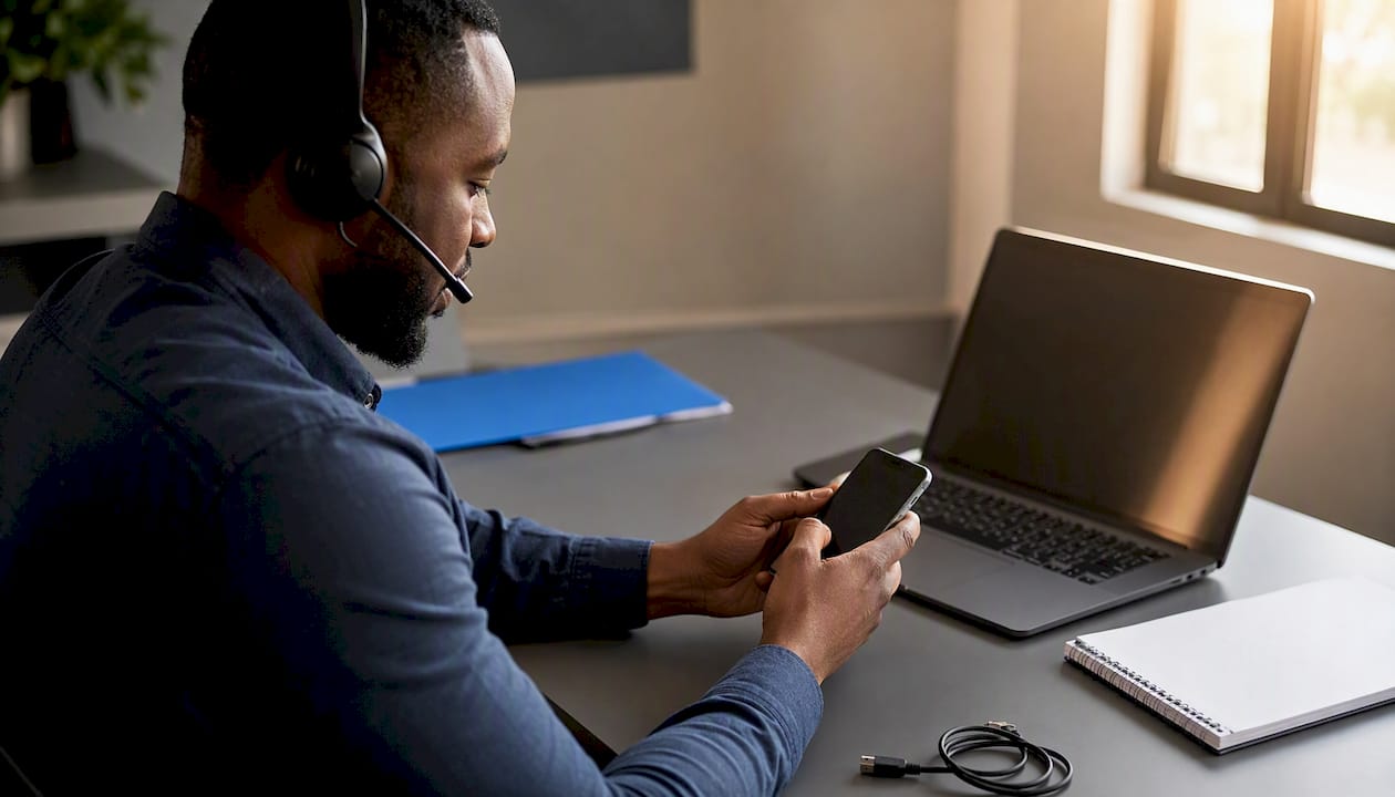 Hands verifying supplier banking details via phone