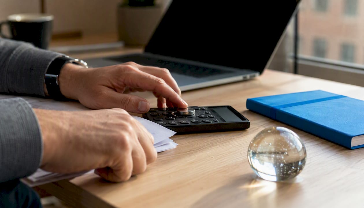 Hands adjusting calculator dial