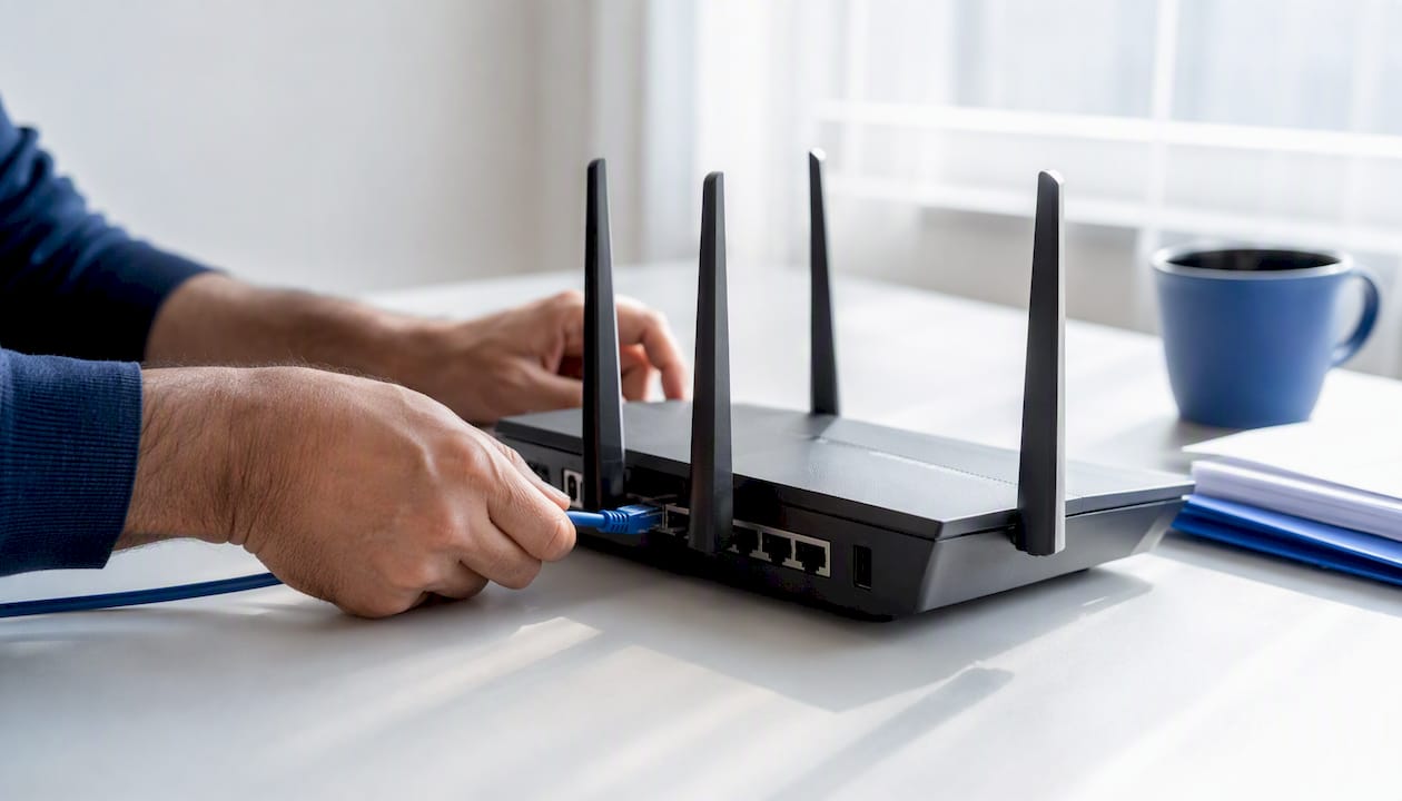 Hands adjusting cable on office router