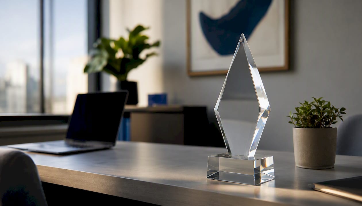 Glass trophy on office shelf