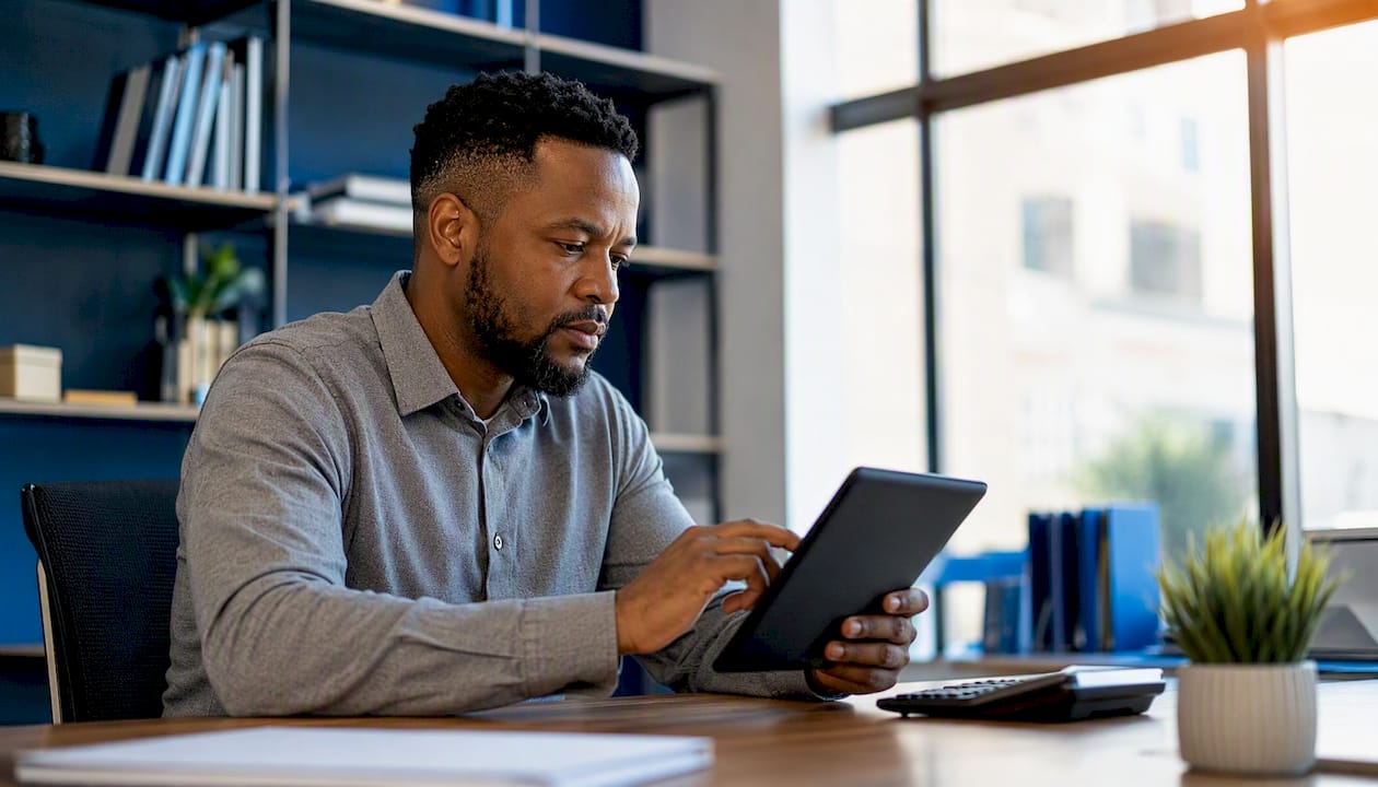 Hands entering assets into tablet register