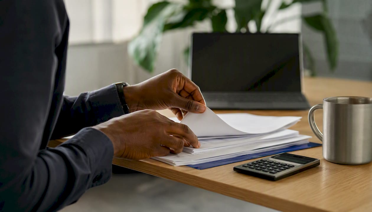 Hands managing financial reconciliation on desk