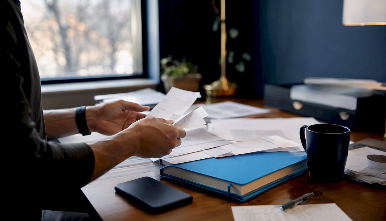 Hands reconciling bookkeeping documents on desk