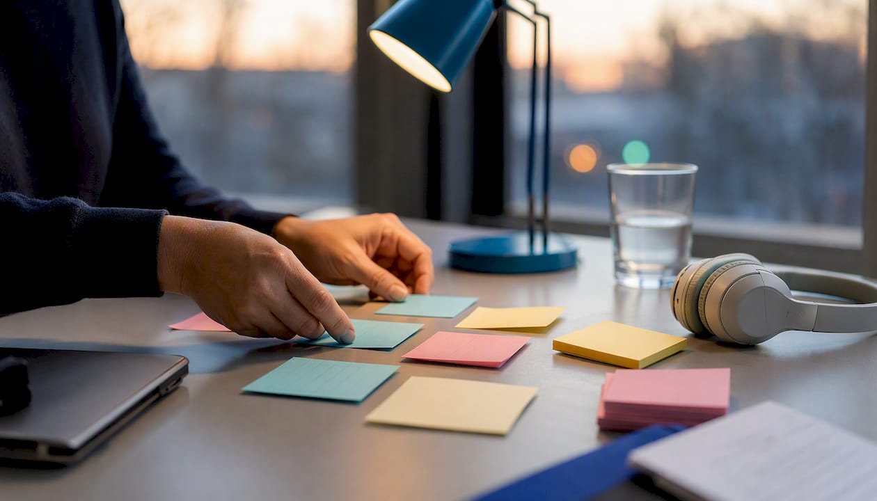 Hands arranging communication cards on desk