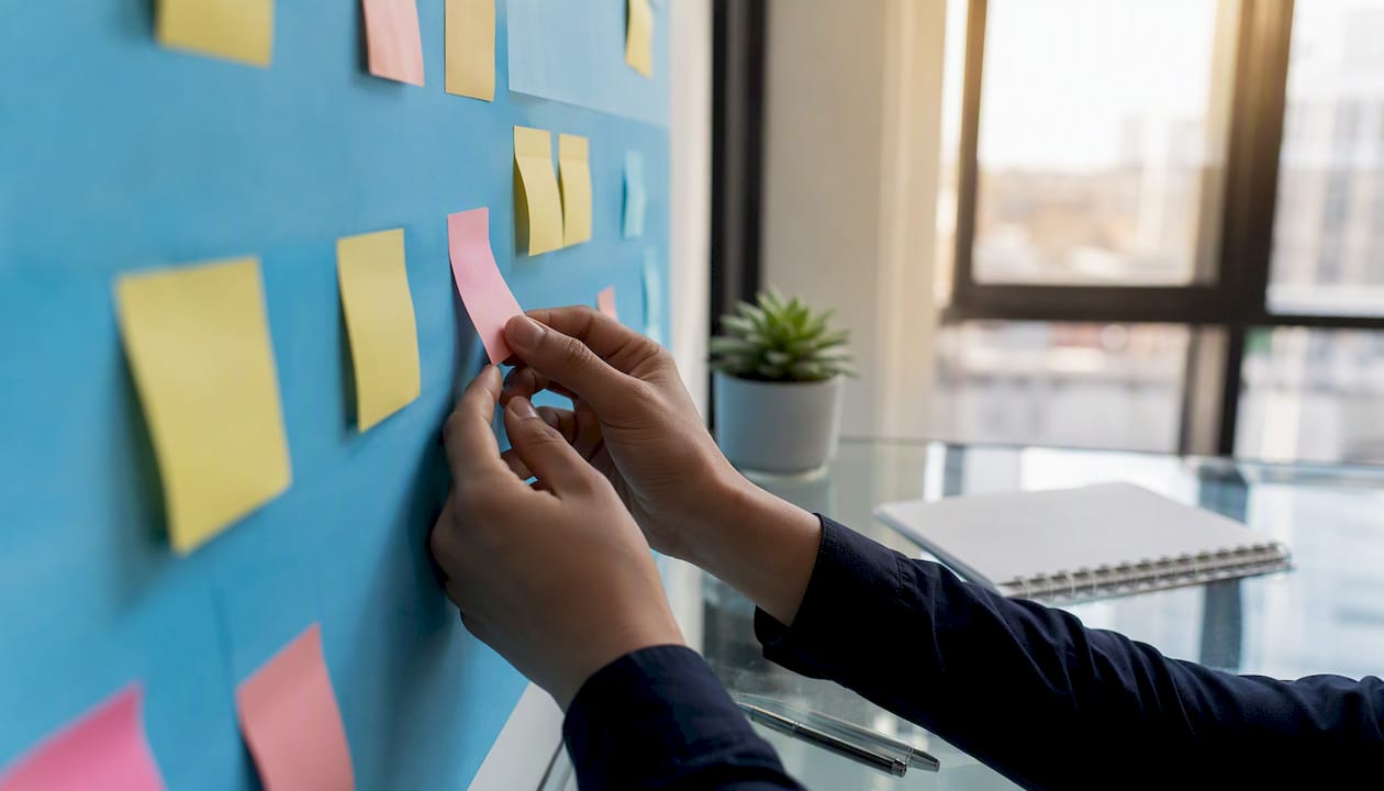 Hands arranging sticky notes on whiteboard