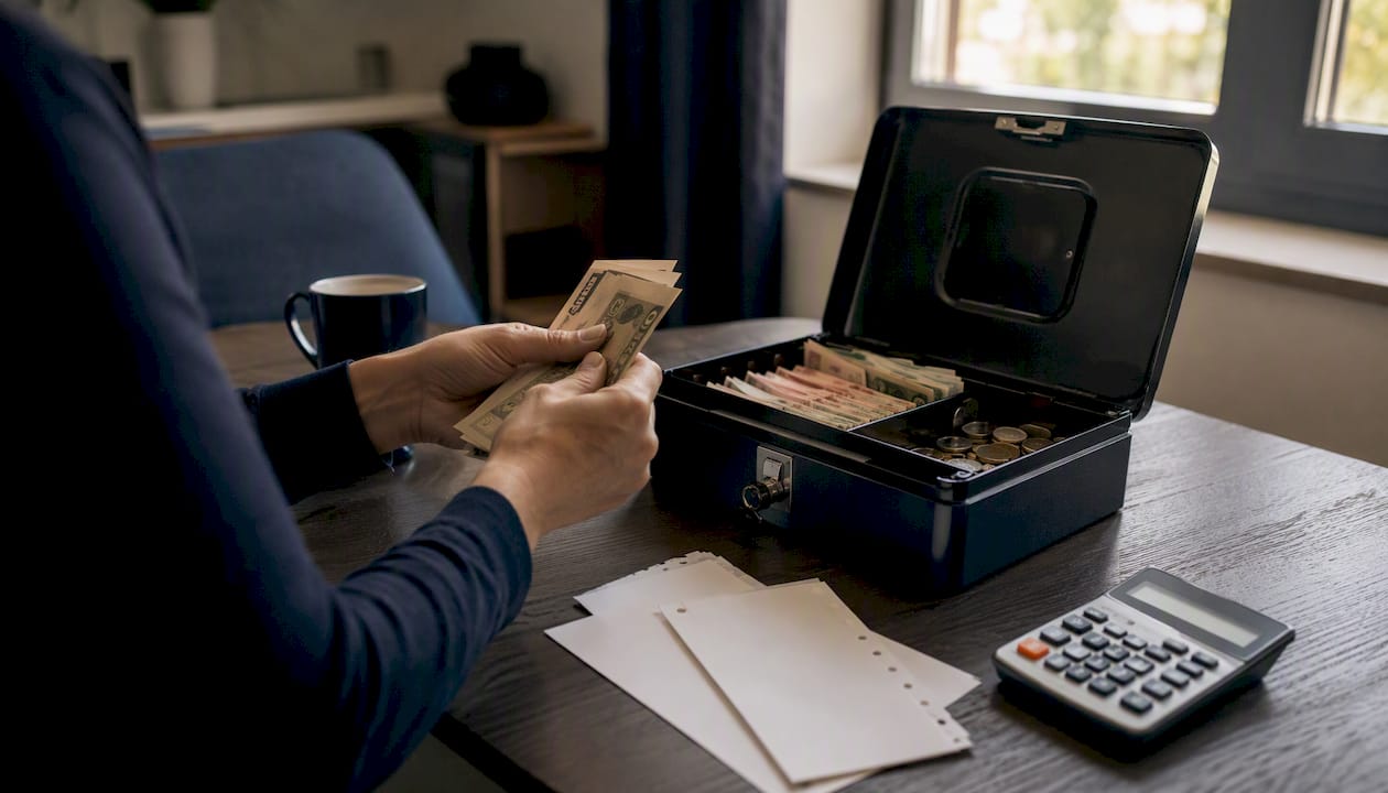 Hands counting cash next to petty cash box