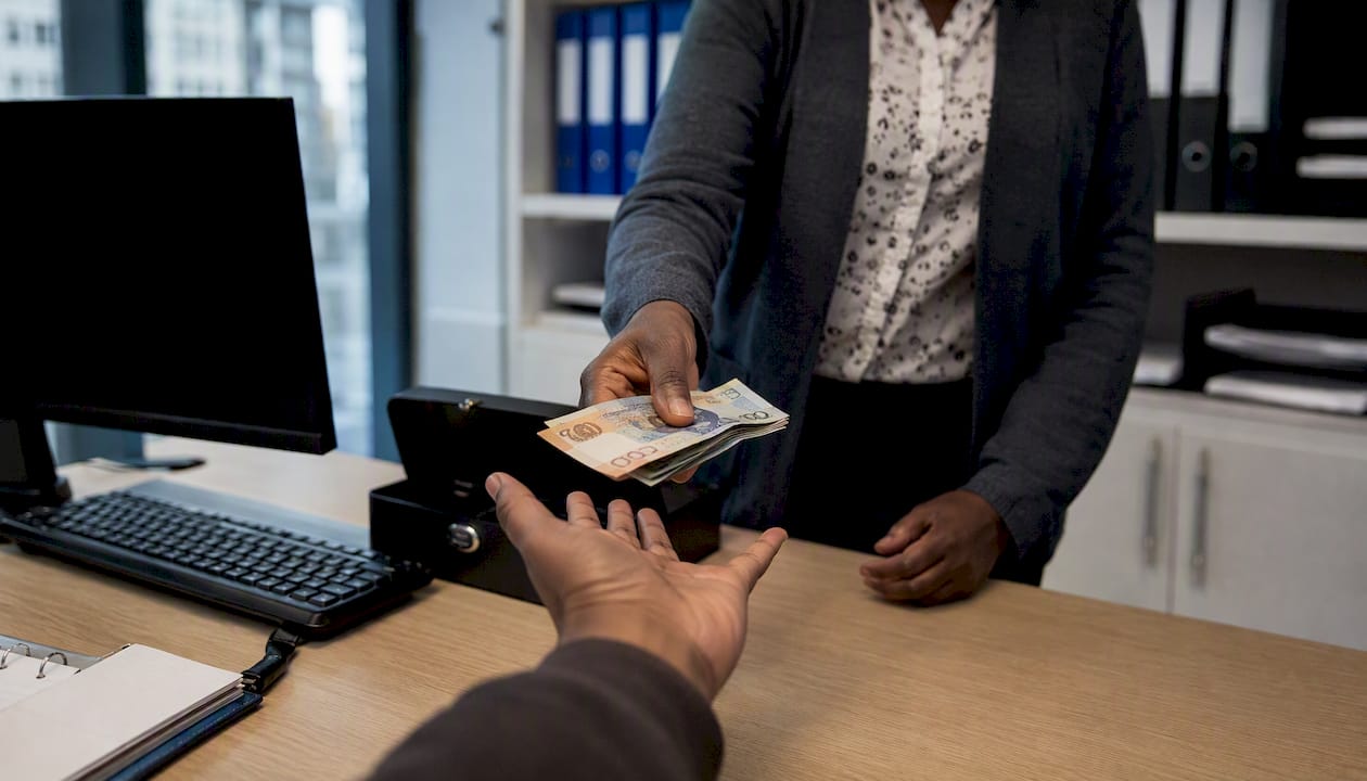 Hands transferring petty cash to employee