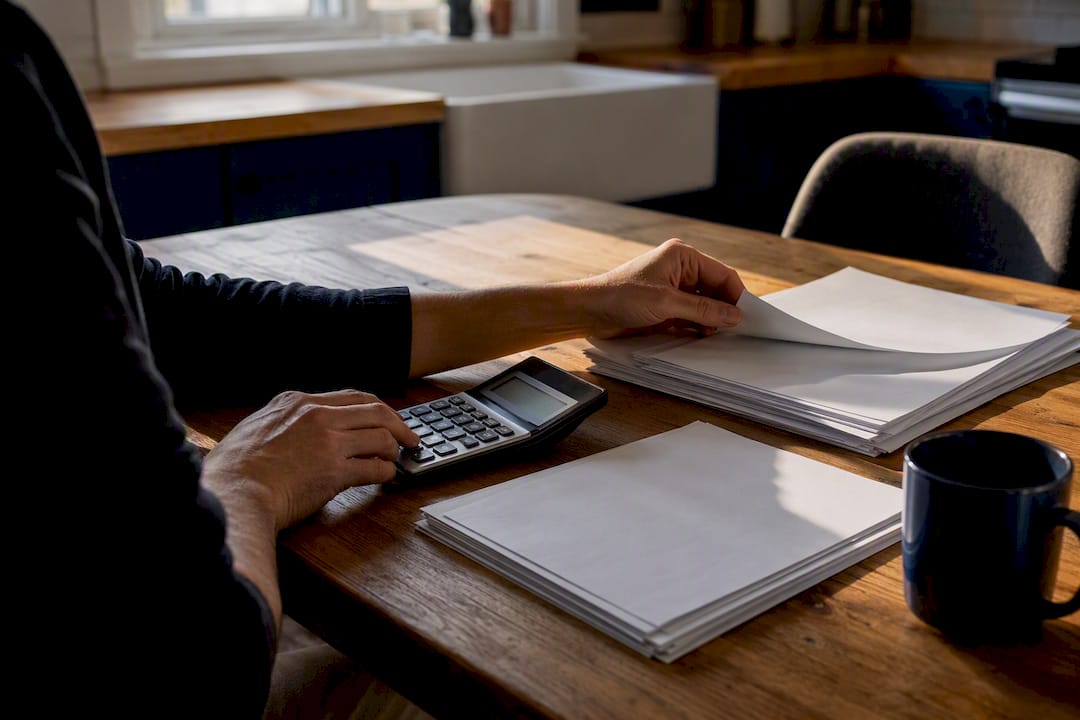 Hands reconciling invoices with calculator