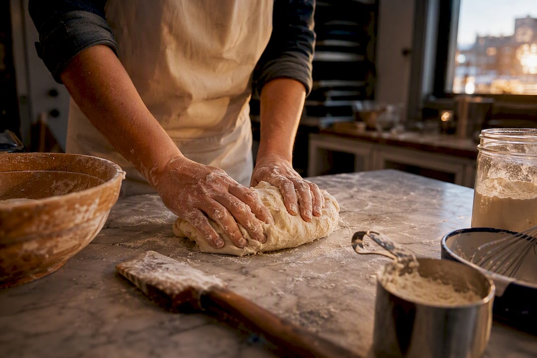 Hands preparing dough in bakery