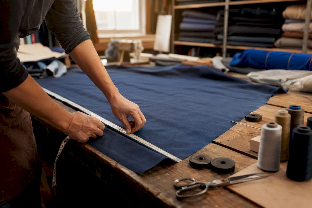 Hands measuring fabric in clothing workshop