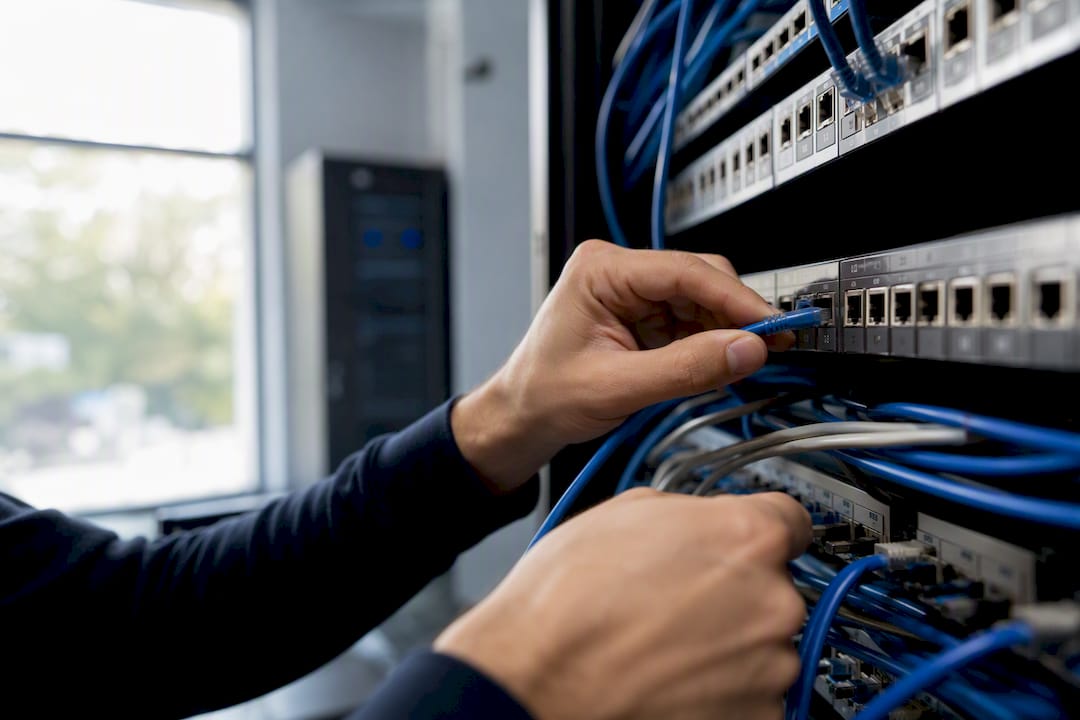 Hands connecting network cable in server room