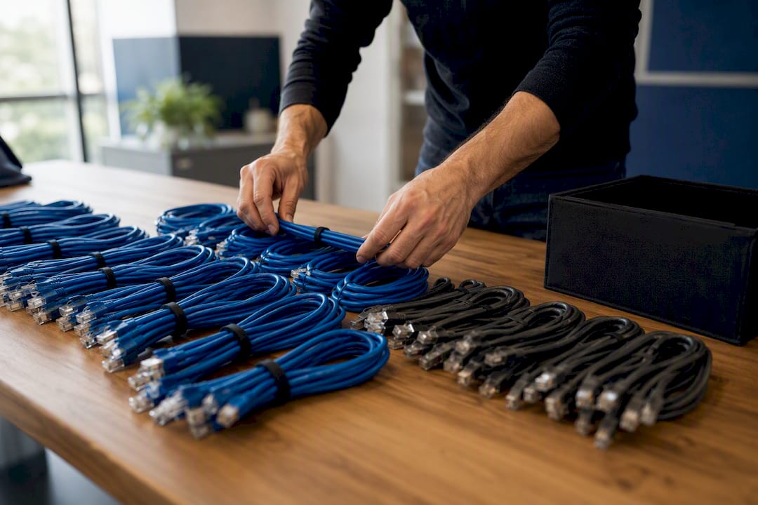 Hands connecting network cable in office
