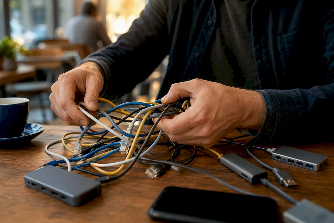 Hands setting up accounting automation cables