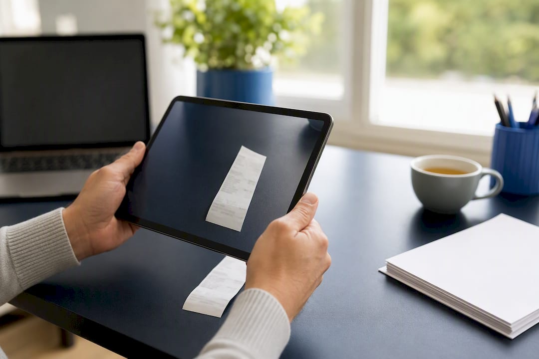 Hands capturing receipt photo on smartphone