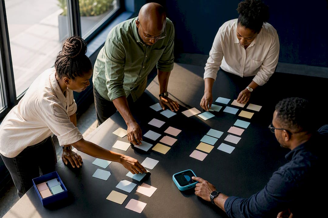 SME team arranging ideas during brainstorming