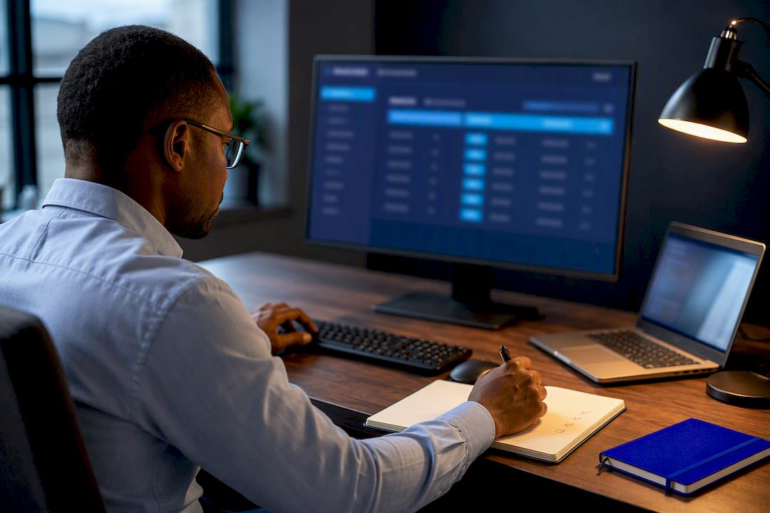 Accountant reconciling automated bank transactions