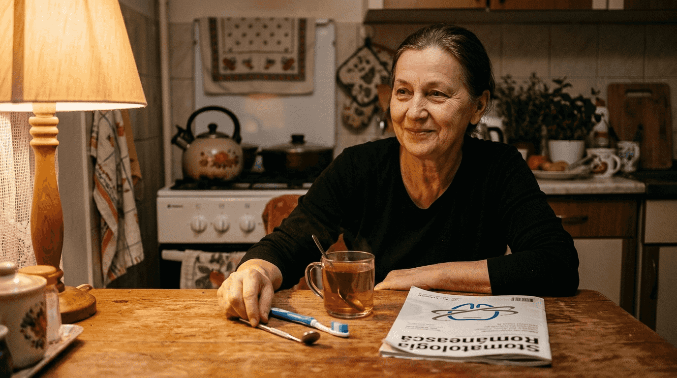 Adult care își îngrijește zilnic dinții acasă