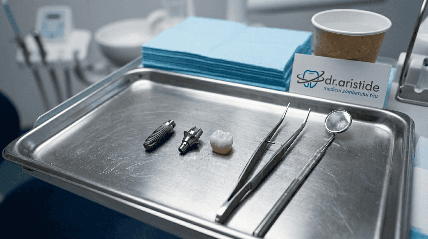 Componente pentru implanturi dentare aranjate pe tavă, văzute de aproape