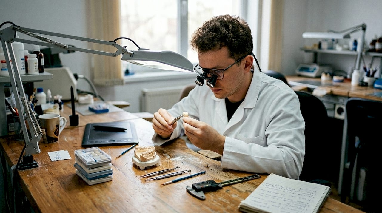 Un tehnician dentar analizează cu atenție o coroană din zirconiu în laborator.