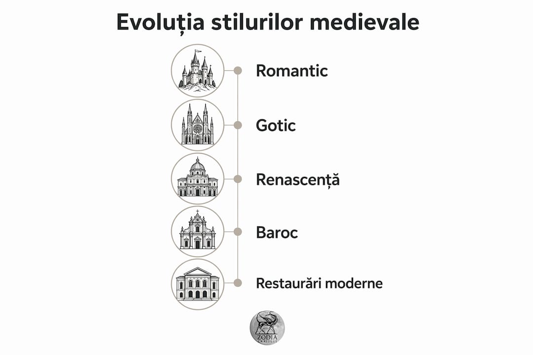 Infografic: evoluția stilurilor arhitecturale din Evul Mediu, prezentată pe etape