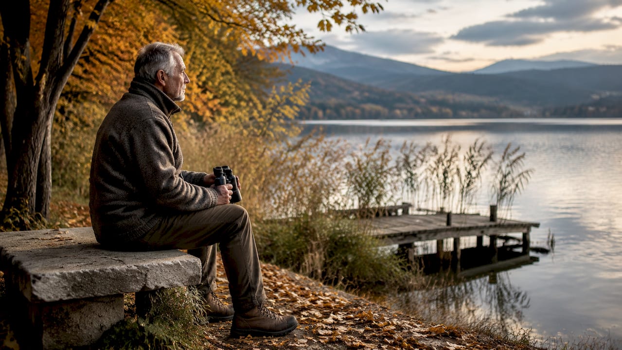 Un bătrân se odihnește pe malul unui lac, înconjurat de culorile toamnei.